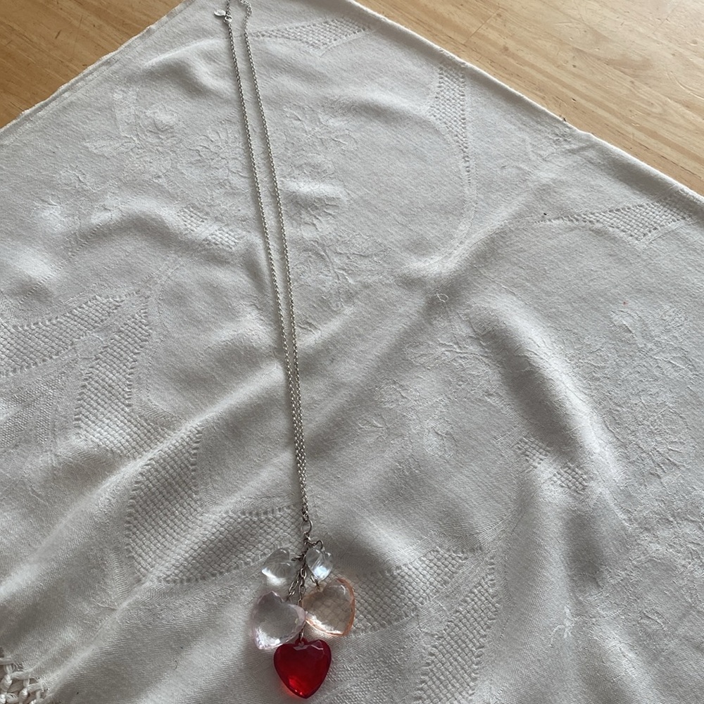 Express Silver Necklace with Red and Clear Heart Pendants